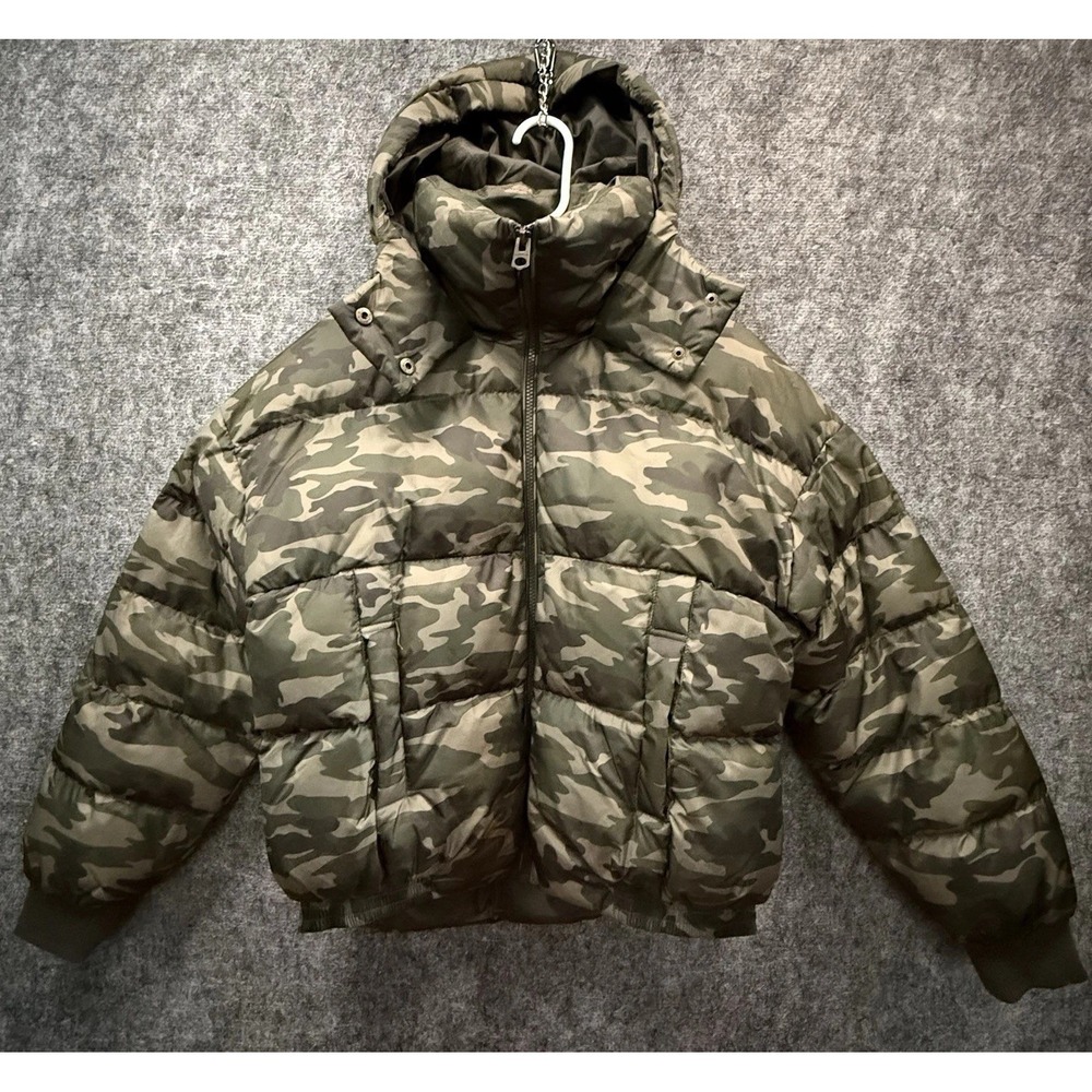 Lucky Brand Puffer Jacket Womens Small Green Camo Hooded Insulated Coat